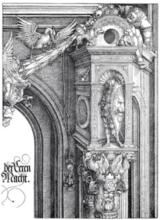 The triumphal arch. Part of the central gate. Regarding the bearers of the garlands crouching on