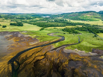 Loch Feochan and Feochan Bheag River from a drone, Feochan Glen, Oban, Argyll and Bute, West