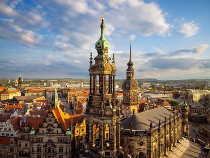 Old town of Dresden with the famous towers. in the foreground the Catholic Court Church