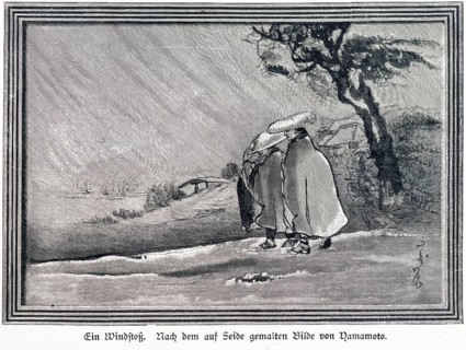 A gust of wind. After a painting by Namamoto, Japan, silk, painting, art, rain, wind, bad weather,