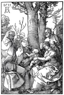The Holy Family with Joachim and Anna, woodcut by Albrecht Dürer, historical, digitally improved