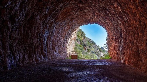Tunnel at the entrance of the national park, in the tunnel, HDR, sky replaced, Zingaro, national