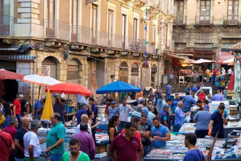 Stalls, Fish Market, Vendors, Crowd, Catania, Old Town, Baroque Old Town, East Coast, Sicily,