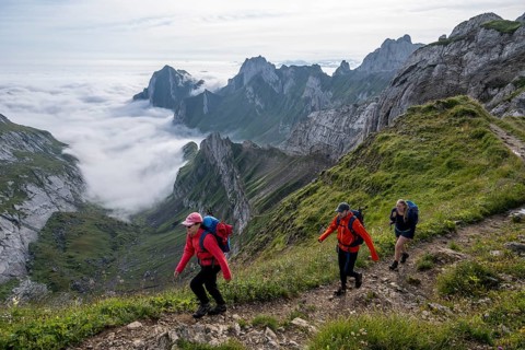 Hiker on hiking trail to Säntis, Appenzell Ausserrhoden, Appenzell Alps, Switzerland, Europe