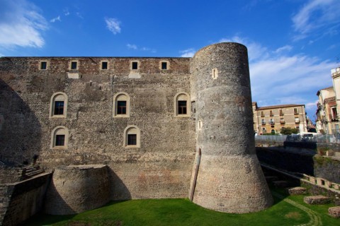 Castello Ursino, lawn, houses, castle complex, cooled lava, Catania, Old Town, Baroque Old Town,