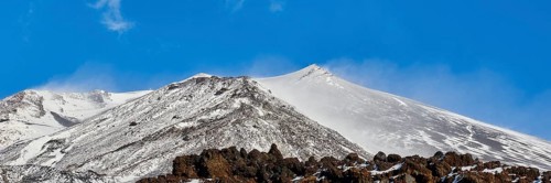 Lava scree, snow-capped peaks, blue sky, white clouds, Etna, volcano, Eastern Sicily, Sicily,