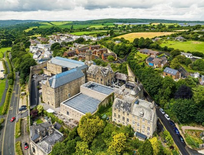 Bodmin Jail and Bodmin Luxury Hotel from a drone, Bodmin Moor, Cornwall, England, UK
