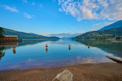 Lake shore, reflection, boathouse, sky, clouds, sunrise, summer, Lake Millstatt, Döbriach,