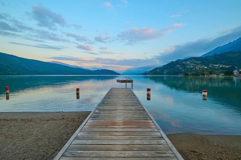Lake shore, reflection, wooden jetty, sky, clouds, twilight, sunrise, summer, Lake Millstatt,