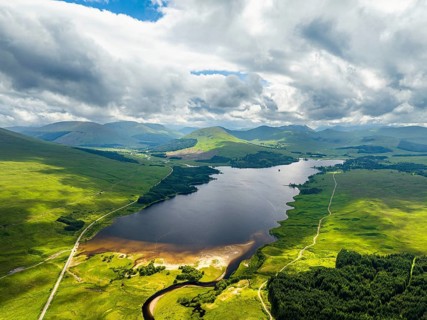 Loch Tulla and Beinn Dorain from a drone, Glen Coe, Highlands, Scotland, UK