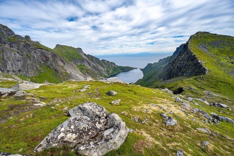 View of the fjord Djupfjorden and mountain landscape, hiking trail to Munkebu hut, Moskenesoya,