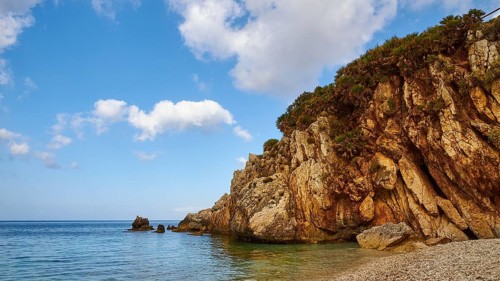 Bay, rocks, pebble beach, blue sky, white clouds, Zingaro, national park, nature reserve,