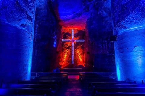 Giant salt cross in the Salt cathedral of Zipaquira, Colombia, South America