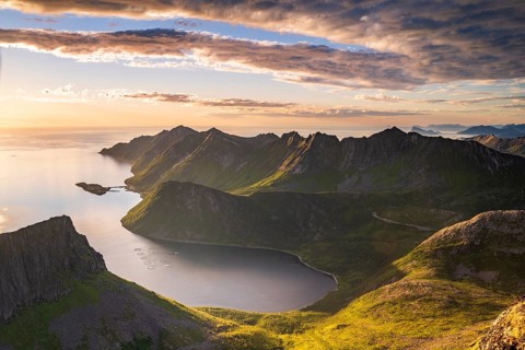 View of fjord and mountains, Husoy, Oyfjorden, Senja, Norway, Europe