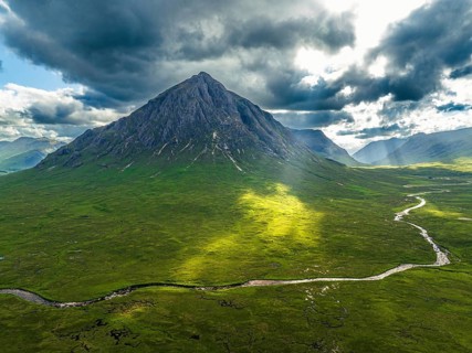 The Buachaille or Buachaille Etive MÃ²r and River Coupall from a drone, Glen Etive and River Etive,