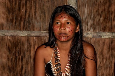 Portrait of an Indian woman from the Dessanos tribe with traditional paintings on her face, Rio