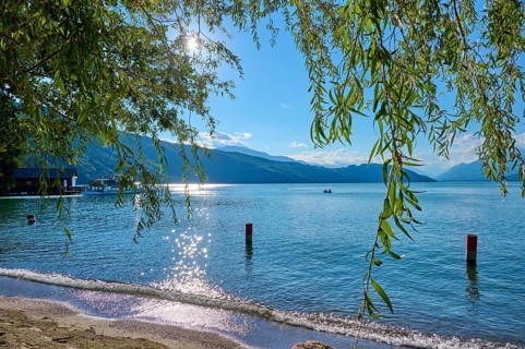 Lake shore, boathouse, excursion boat, sun, evening, summer, Lake Millstatt, Döbriach, Carinthia,
