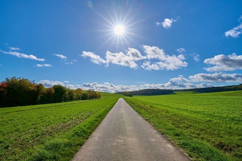 Road, field landscape, grain field, forest, sky, sun, clouds, Duttenbrunn, Zellingen, Würzburg,