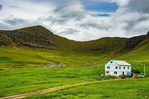 Lonely house in Gasadalur, Vagar, Faroe islands, Denmark, Europe