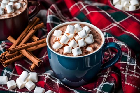 A close-up of a steaming cup of hot cocoa topped with marshmallows, surrounded by cinnamon sticks,