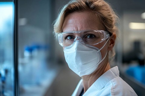 Middle aged female scientist with face mask and protective glasses in lab. Generative Ai, AI