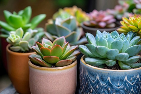 Different small succulent plants in flower post. Generative AI, AI generated