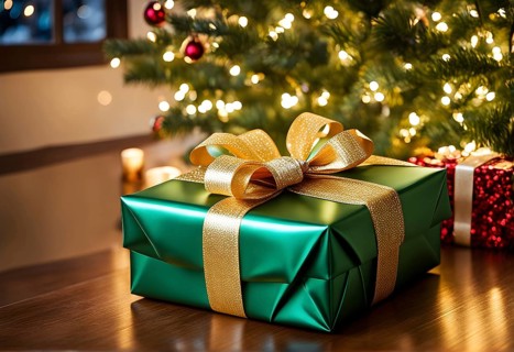 Close-up of a beautifully wrapped Christmas gift with a satin ribbon, set under a glowing Christmas