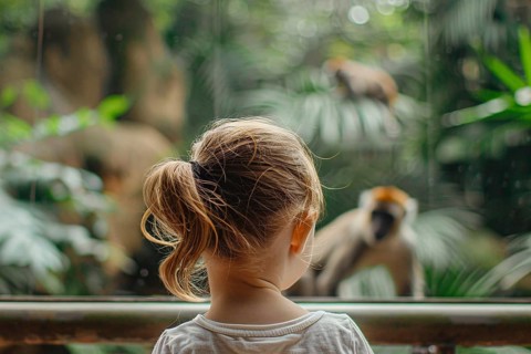 Back view of young girl child watching monkey in zoo behind glass. Generative AI, AI generated