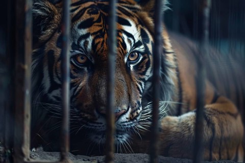 Close up of tiger in cage behind bars. Generative Ai, AI generated