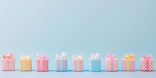 Small gift boxes on pastel blue background. Generative Ai, AI generated