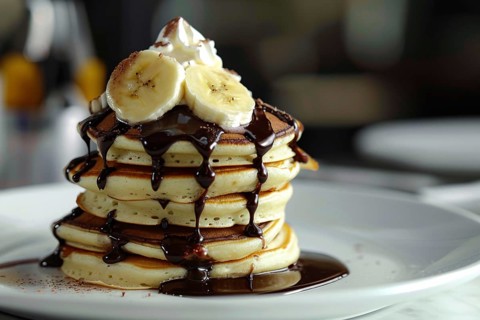Stack of banana pancakes with chocolate sauce on plate. Generative Ai, AI generated