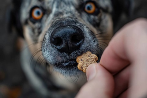 Close up of human hand holding small dog treat in hand with dog in blurry background. Generative