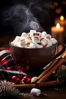A close-up of a steaming cup of hot cocoa topped with marshmallows, surrounded by cinnamon sticks,