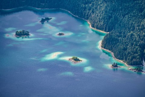 Detailed view of islands and forest at the Eibsee lake, Bavaria, Germany, Europe