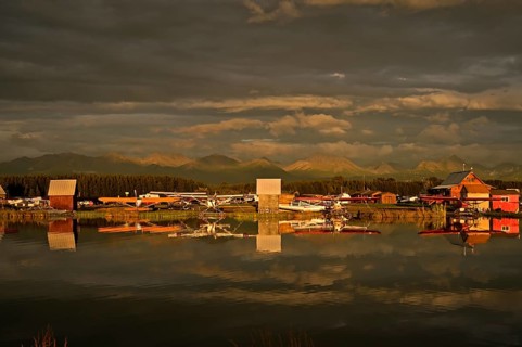 Seaplane airport overlooking Chugach mountain range, Lake Hood, Anchorage, Alaska, USA, North