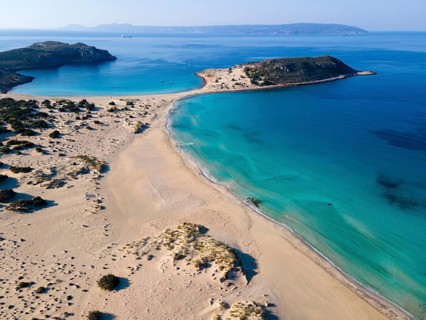 Drone shot, double bay of Simos beach, Sarakiniko beach, Elafonisos, Deer Island, Laconia,