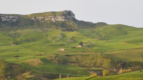 Mountain, green hillsides, fields, houses, Madonie National Park, spring, Sicily, Italy, Europe