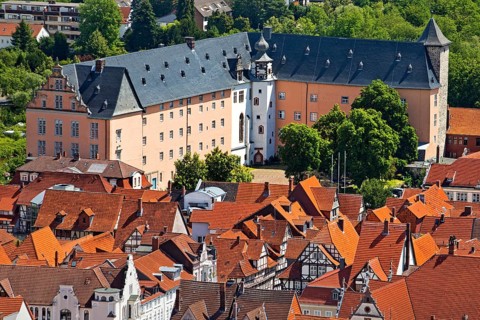 City view from an elevated viewpoint of the Welfenschloss Münden, Hannoversch Münden, Lower Saxony,