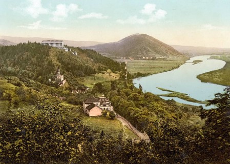 The Valhalla with a view of the Danube, Donaustauf, Bavaria, Historic, digitally enhanced