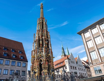 Beautiful fountain on the main market square, Old Town, Nuremberg, Middle Franconia, Bavaria,