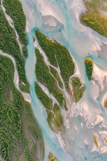 Aerial view, river delta with islands, river Glomaga, Mo i Rana, Norway, Europe