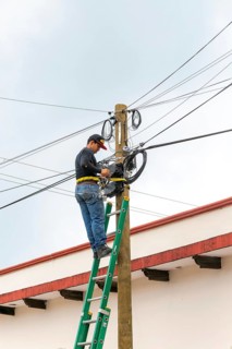 Electrician on ladder working on electricity power lines, Bacalar, Quintana Roo, Yucatan Peninsula,
