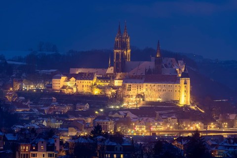 Viewpoint Juchhöh Spaargebirge at blue hour with view to Meissner Burgberg above the vineyards