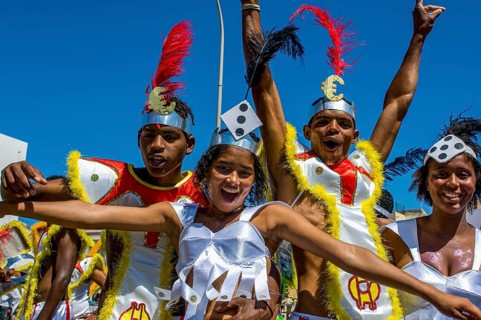 Costumed people celebrating Carnival. Mindelo. Cabo Verde. Africa