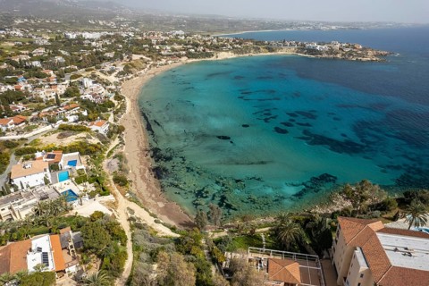 Coral Bay beach seen from the air, Cyprus, Europe
