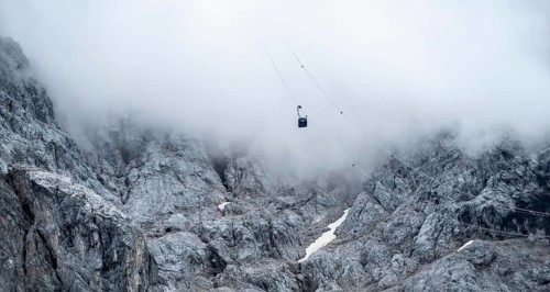 Zugspitzbahn in the fog, Garmisch-Patenkirchen, Bavaria, Germany, Europe