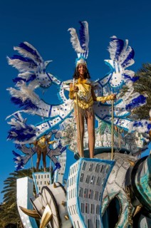 Colourful costumed, pretty women are dancing. Carnival. Mindelo. Cabo Verde. Africa