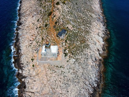 Drone shot, Akrotiri Tenaro lighthouse at the southernmost point of the Peloponnese, Cape Matapan,