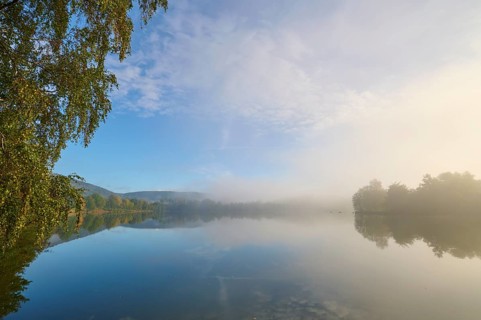 Lake, reflection, sky, clouds, fog, sunrise, autumn, Freudenberg, Odenwald, Baden-Württemberg,