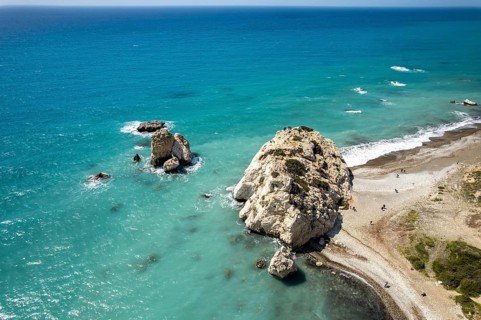 Petra tou Romiou, the Rock of Aphrodite seen from the air Kouklia near Paphos, Cyprus, Europe